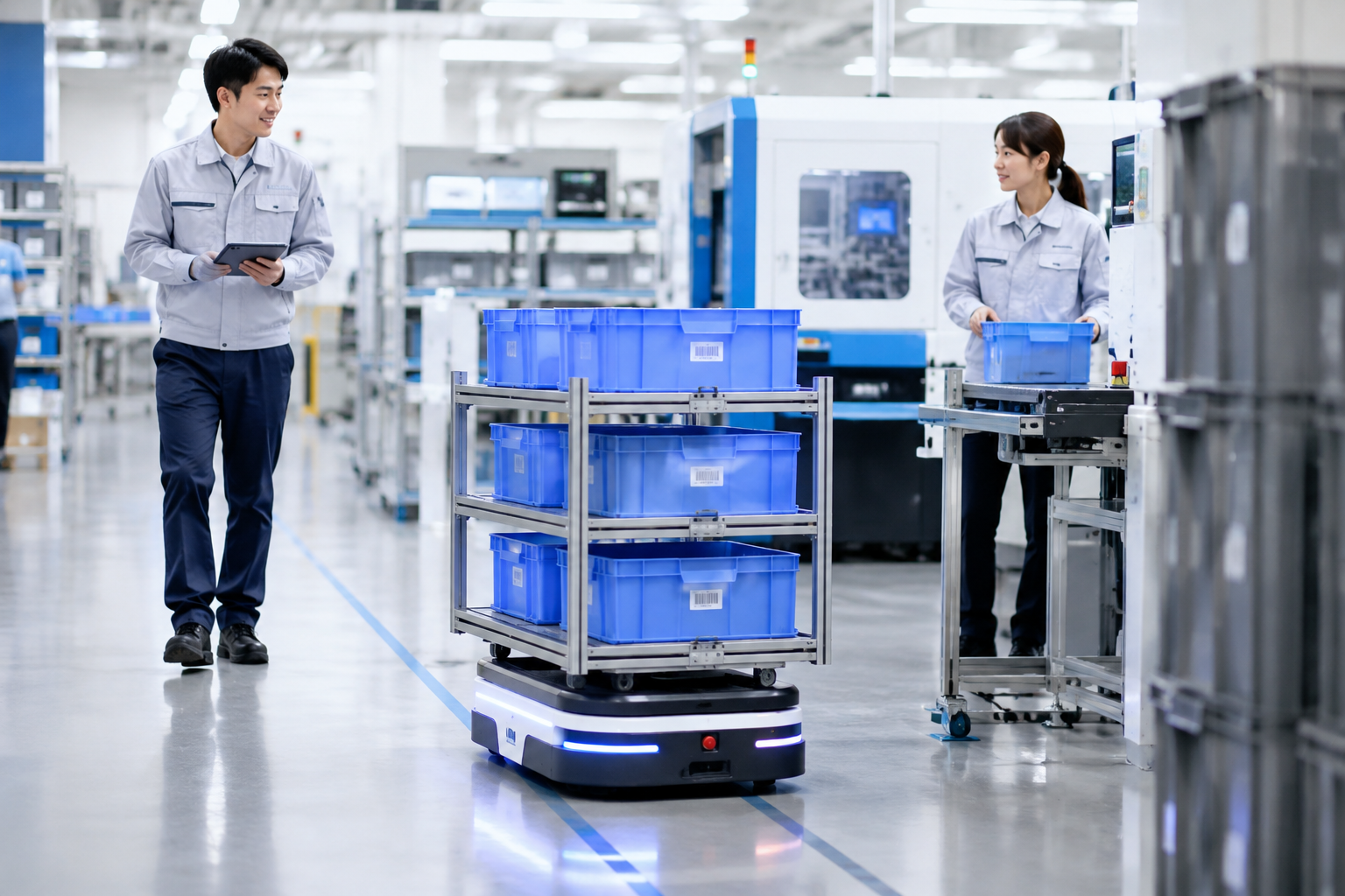 製造現場で作業者と協働しながら部品箱を運搬するAMR