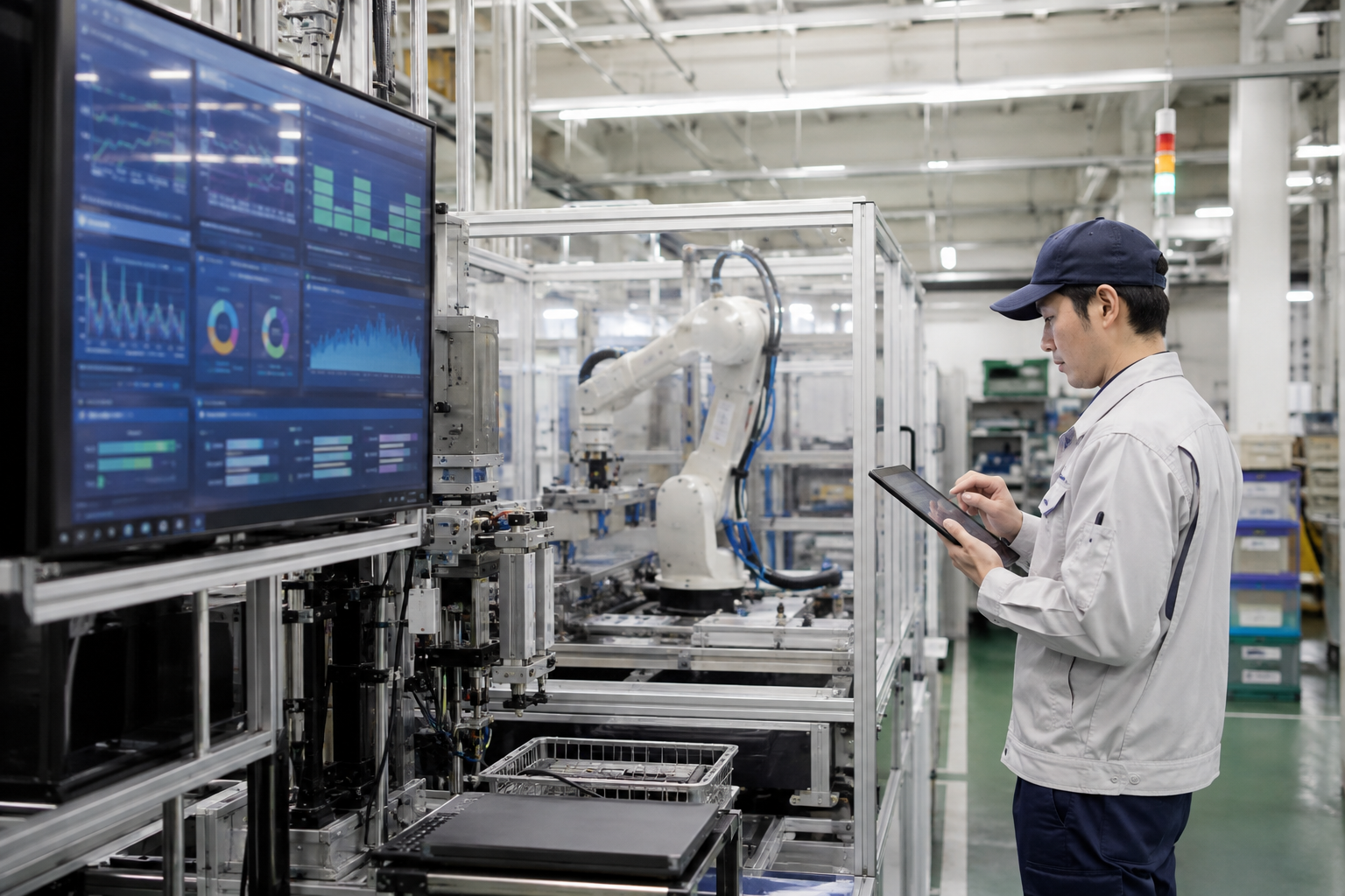 設備データを確認しながらロボット設備を運用する製造現場