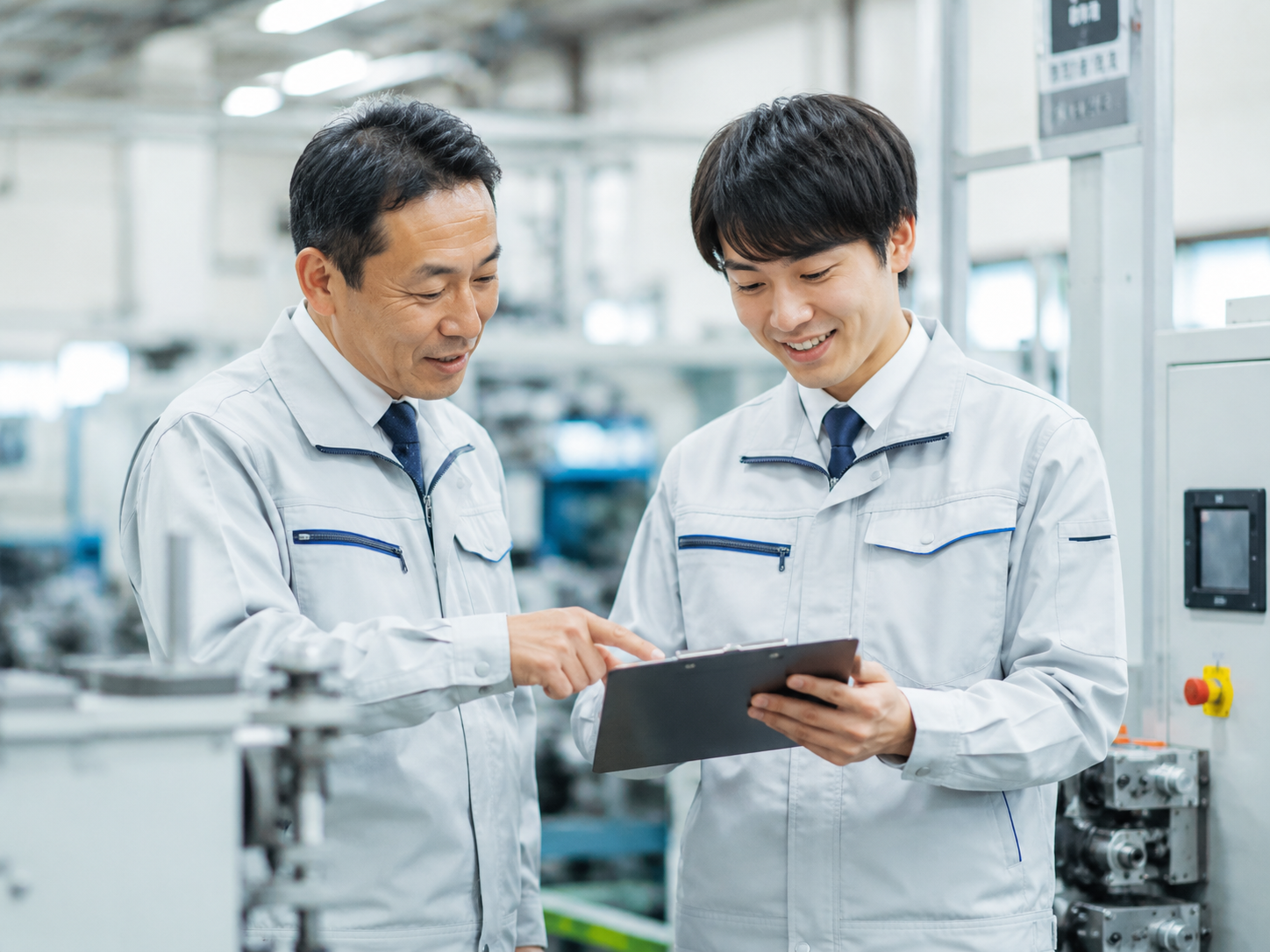 製造現場で業務内容を確認する社員