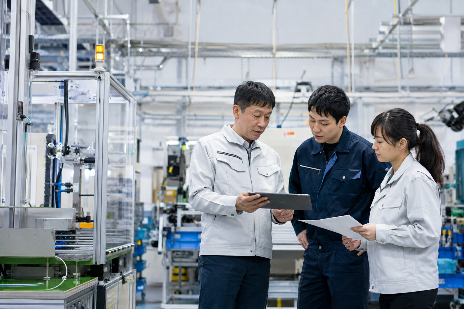 製造設備を前に対応方法を確認する技術者のイメージ